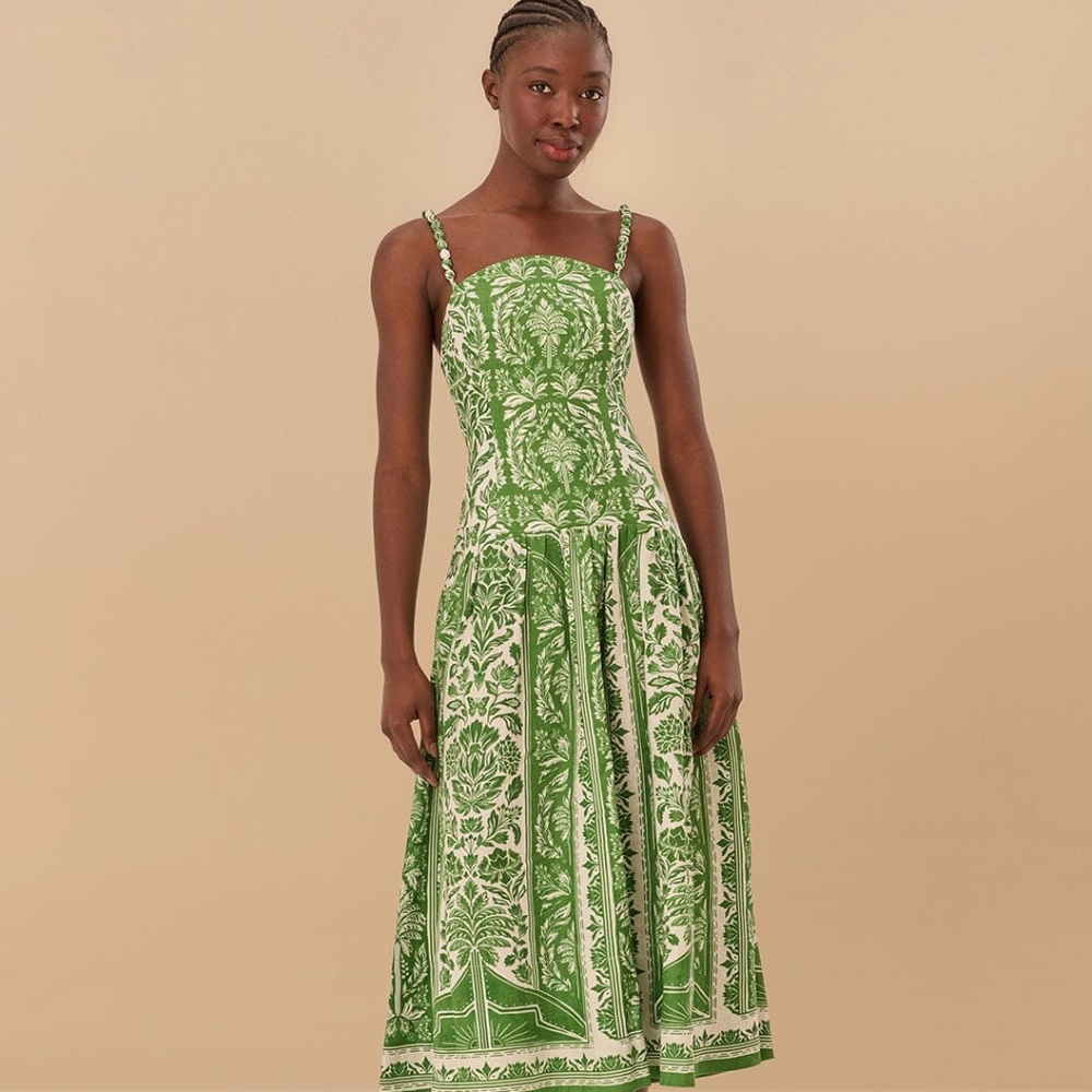NEW w/tag Farm Rio Green Delicate Tapestry Euroflax™ Premium Linen Midi Dress XL